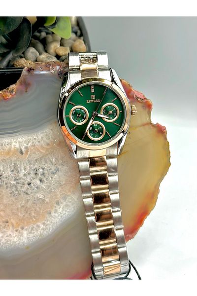 Reward Brand Gold-Green Color Stylish Women's Wristwatch with Steel Band