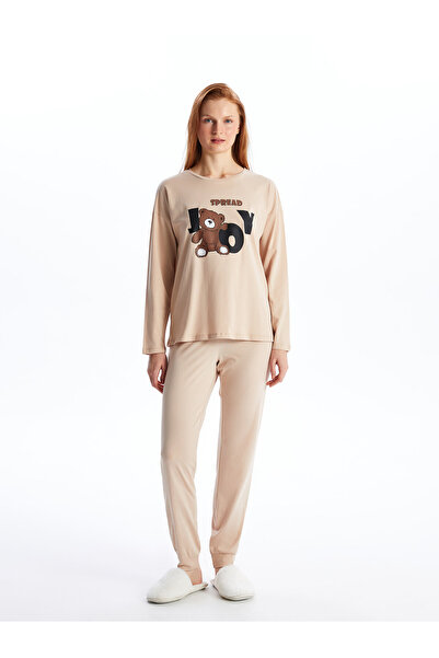 LC Waikiki Dámské pyžamo s dlouhým rukávem a výstřihem - potištěné