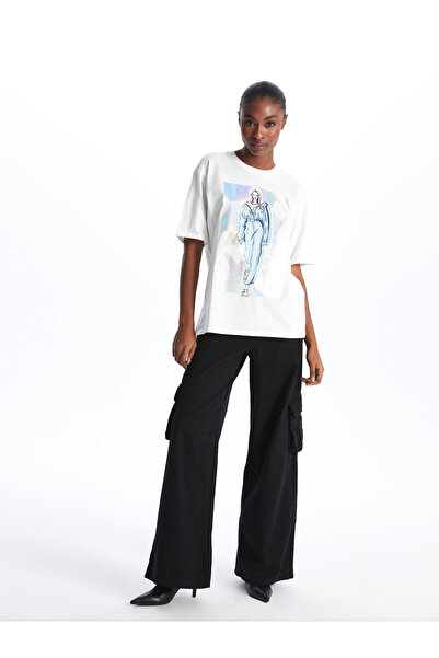 LC Waikiki Bedrucktes, kurzärmliges Oversize-Damen-T-Shirt mit Rundhalsausschnitt