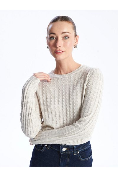 LC Waikiki Langärmliger Damen-Strickpullover mit Rundhalsausschnitt und Selbstmuster