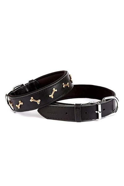 Doggie Comfortable Real Leather Handmade Bone Decorated Dog Collar 3.5x52-60cm Black