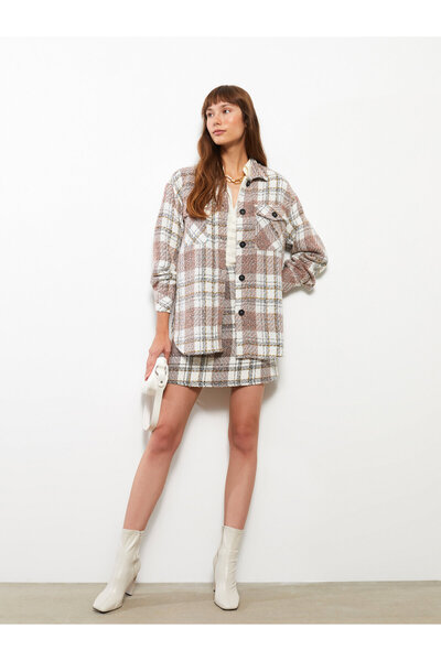 LC Waikiki Plaid Long Sleeve Tweed Oversize Women's Shirt Jacket