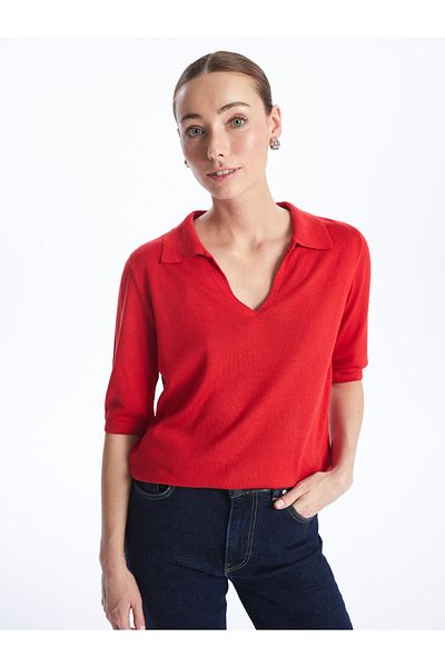 LC Waikiki Einfarbiger, kurzärmliger Strickpullover für Damen mit Polokragen