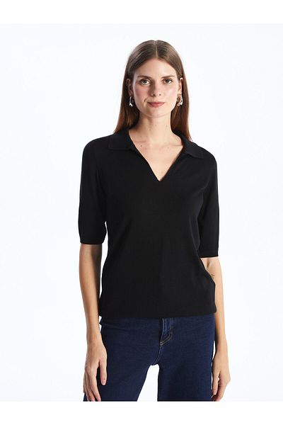 LC Waikiki Polo Neck Plain Short Sleeve Women's Knitwear Sweater