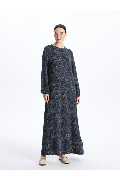 LC Waikiki Gemustertes, langärmliges A-Linien-Damenkleid mit Rundhalsausschnitt