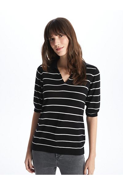 LC Waikiki Polo Neck Striped Short Sleeve Women's Knitwear Sweater - W40276Z8