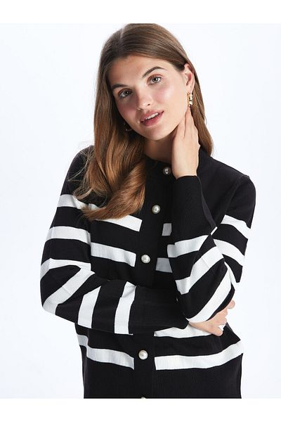 LC Waikiki Striped Crew Neck Long Sleeve Women's Knitwear Cardigan