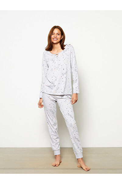 LC Waikiki Dámská sada pyžama s dlouhým rukávem s kravatovým límcem