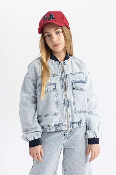DeFacto Girls' Lightweight Jean Bomber Jacket - College Collar, Zip Pockets, Seasonal B9854A824Sp
