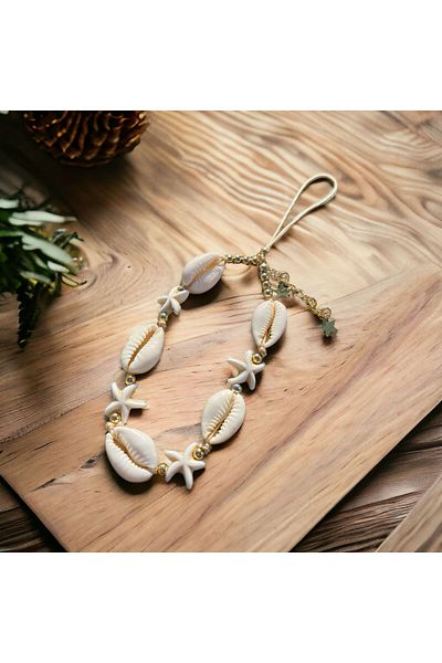 Stoneday Sea Shell Crimped Stone Starry Gold Detailed Dangle Starry Phone Strap Ornament Charm