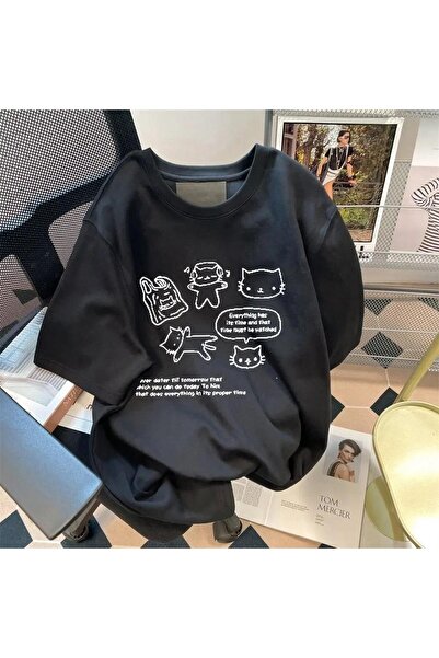 Toum تي شيرت أسود كبير الحجم مطبوع عليه قطة ريترو للجنسين