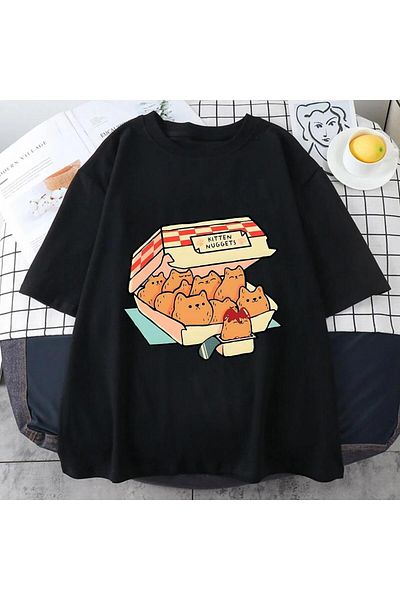 Touz Moda Black Kitten Nuggets Printed Unisex Oversize T-shirt