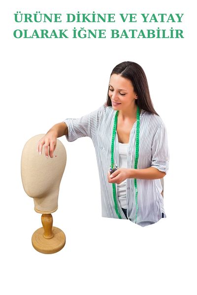 Manken İstanbul Upright and Horizontal Needle Covered Fabric with Wooden Stand Head Mannequin Wig Accessory Mannequin