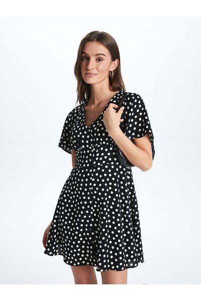 LC Waikiki V-Neck Polka Dot Short Sleeve Linen Look Women's Dress
