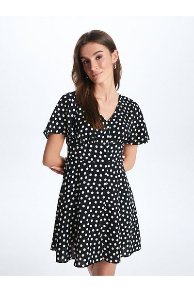 LC Waikiki V-Neck Polka Dot Short Sleeve Linen Look Women's Dress