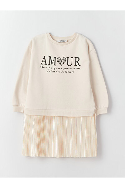 LC Waikiki Dívčí šaty s dlouhým rukávem s potiskem u krku