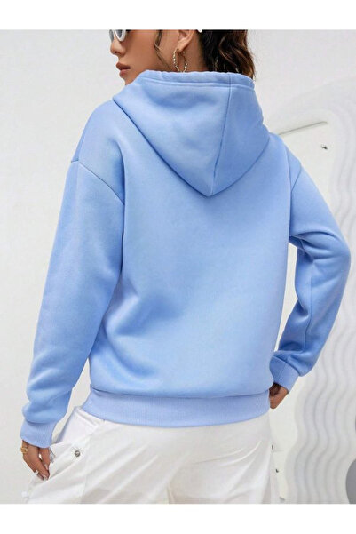 MODA Los Angeles Kışlık Sweatshirt - Bebe Mavi Baskılı Şardonlu Oversize Kapüşonlu