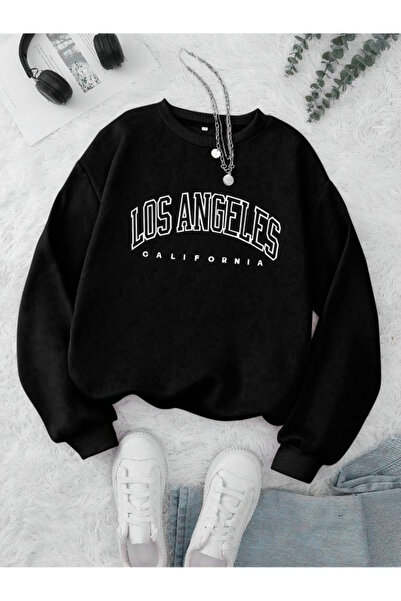 Los Angeles Kışlık Sweatshirt - Siyah Baskılı Şardonlu Oversize Bisiklet Yaka
