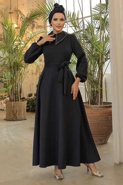 InStyle Φόρεμα Scuba με χάντρες με λεπτομέρεια με γιακά - Navy Blue