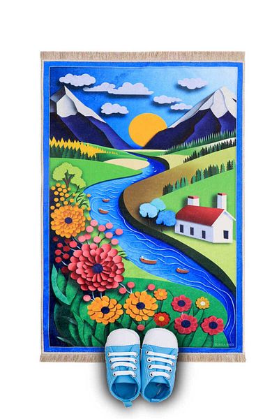 Bursa İpek Blue Sunny Valley Children's Prayer Mat and Play Mat