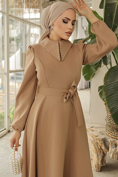 InStyle Bead Detail Scuba Dress with Collar - Camel