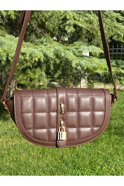 Mercan Stores Brown Quilted Design Stylish Minimal Hand and Shoulder Bag with Cross Strap and Lock Accessory