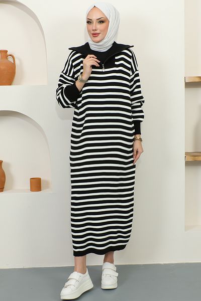 benguen 11027 Collar Zippered Striped Knitwear Dress Black
