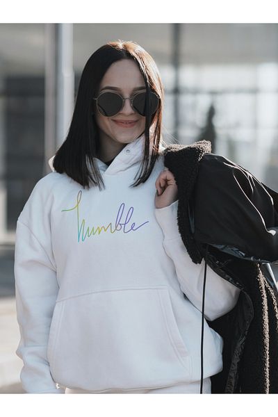 AEMİ Hanorac alb pentru femei cu glugă supradimensionată cu imprimeu Humble