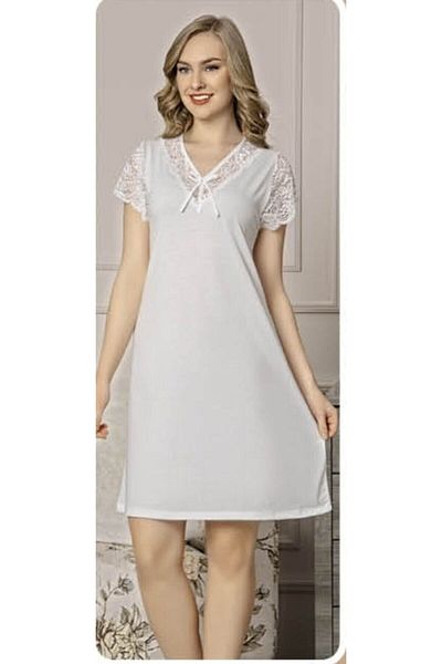 JENİKA White Lace Detailed Short Sleeve V-Neck Combed Cotton Nightgown