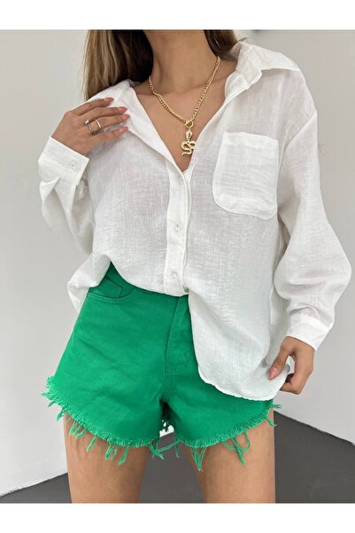 BİKELİFE Γυναικείο λινό πουκάμισο με μονή τσέπη Oversize