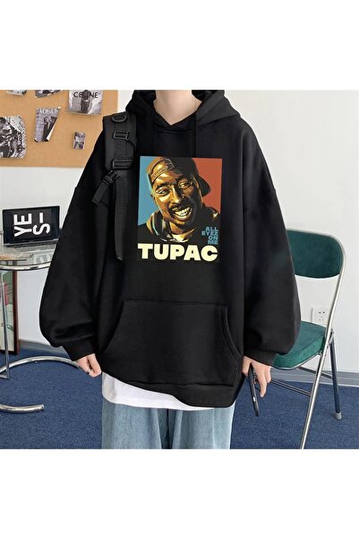 Le Savu Hip-Hop Tupac Shakur cu imprimeu supradimensionat Unisex Negru Colorat cu glugă Swea tricou Le Savu