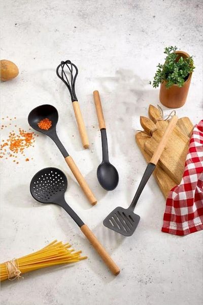 Carpekitchen Set of 6 Wooden Handle Heat Resistant Anti-Scratch Set Wooden Spoon, Bucket, Spatula, Colander