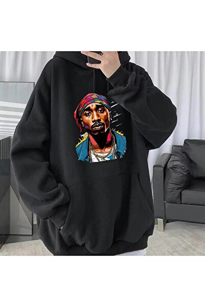 Le Savu Hip-Hop Tupac Shakur cu imprimeu supradimensionat Unisex Negru Colorat cu glugă Swea tricou