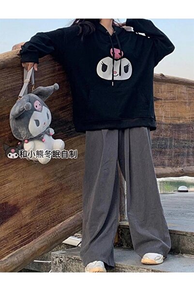 Le Savu Kuromi Face Baskılı Siyah Renkli Unisex Oversize Kapüşonlu Sweatshirt Le Savu