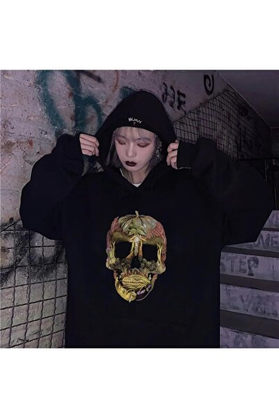 Le Savu Veggie Skull cu imprimeu Culoare neagră Unisex cu glugă supradimensio...