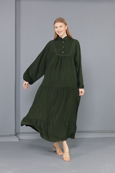 mervemoda Γυναικείο υφαντό φόρεμα χακί μεγάλου μεγέθους με κυρίαρχο γιακά