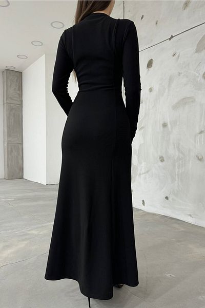lovebox Stretchy Fabric Long Sleeve Double Zipper Adjustable Slit Detail Black Maxi Evening Dress 12028