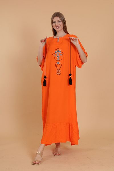 mervemoda Orange Embroidered Large Size Short Sleeve Women's Dress