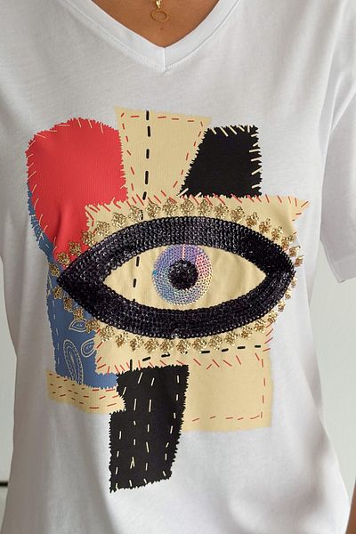FEMELLE Women's White V-Neck Large Size Eye Pattern Sequin Embroidered 100% Cotton Large Size T-Shirt