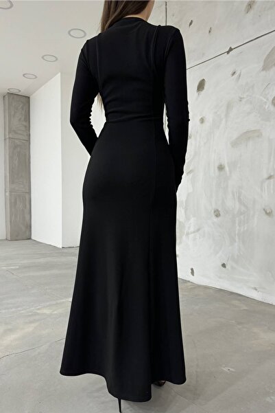 bayansepeti Černá strečová tkanina s dlouhým rukávem, dvojitým zipem, nastavitelný rozpark Maxi šaty 12028