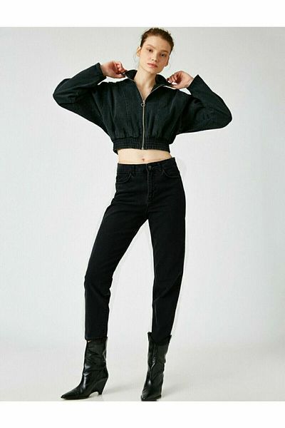 Trn JNS Blugi cu talie înaltă Mom Jean Black Mom Lycra Colorfast Extra Confortabil