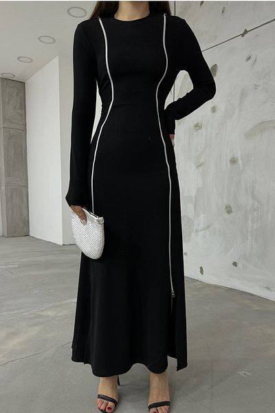 bayansepeti Rochie maxi cu mânecă lungă, cu mânecă lungă, cu fermoar dublu, cu design cu fantă reglabilă, neagră 12028