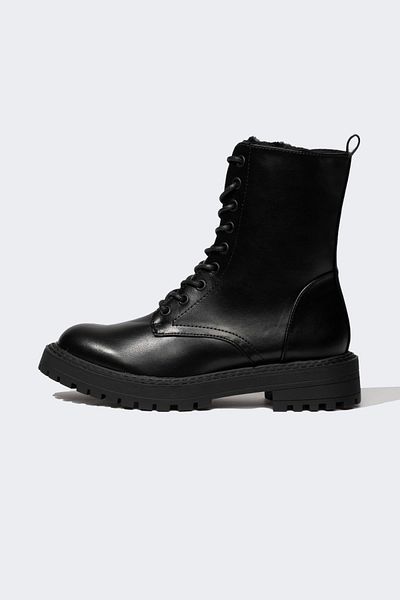 DeFacto Damskie sznurowane i zapinane na zamek zimowe buty ze sztucznej skóry na grubej podeszwie
