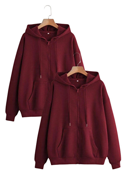 Nacar 14 Şubat Sevgililer Günü Çift Kombini Sweatshirt Hırka Kanguru Cep Kapişonlu Sweat Hırka (2 Adet)