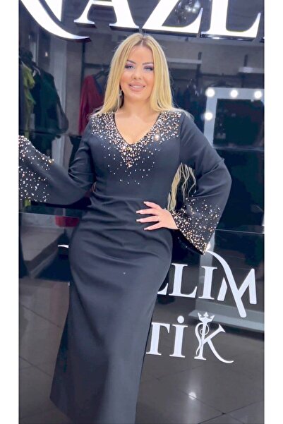 Yeşilmoda abiye elbise uzun taşli işlemeli siyah