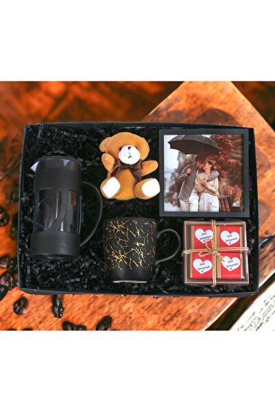 GİFTSTİME Kupa Bardak Siyah & French Press Duvar Çerçe Peluş Ayıcık Seni Sevi...