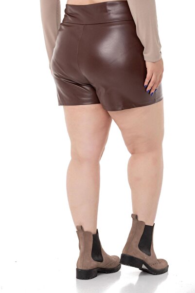 DISENTIS MODEST Büyük Beden Fermuar Kapamalı Kahverengi Deri Şort