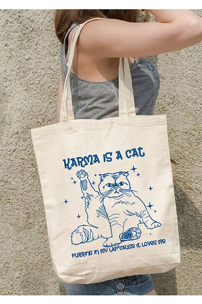 designedfy Taylor Swift Karma este o geantă din pânză imprimată cu pisici