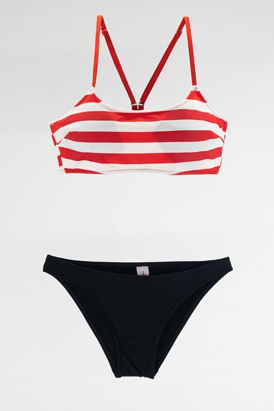 TooHot Women's Red Striped Swim Bikini Bottom Top Set