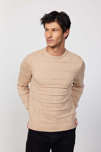 Tudors Ανδρική Slim Fit Μπλούζα με Στρογγυλή Λαιμόκοψη και Τετράγωνο Μοτίβο σε Γκρι Χρώμα